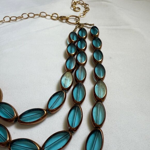 💙 Teal Blue Beaded Statement Necklace 3-Strand Gold Hardware - Picture 4 of 8